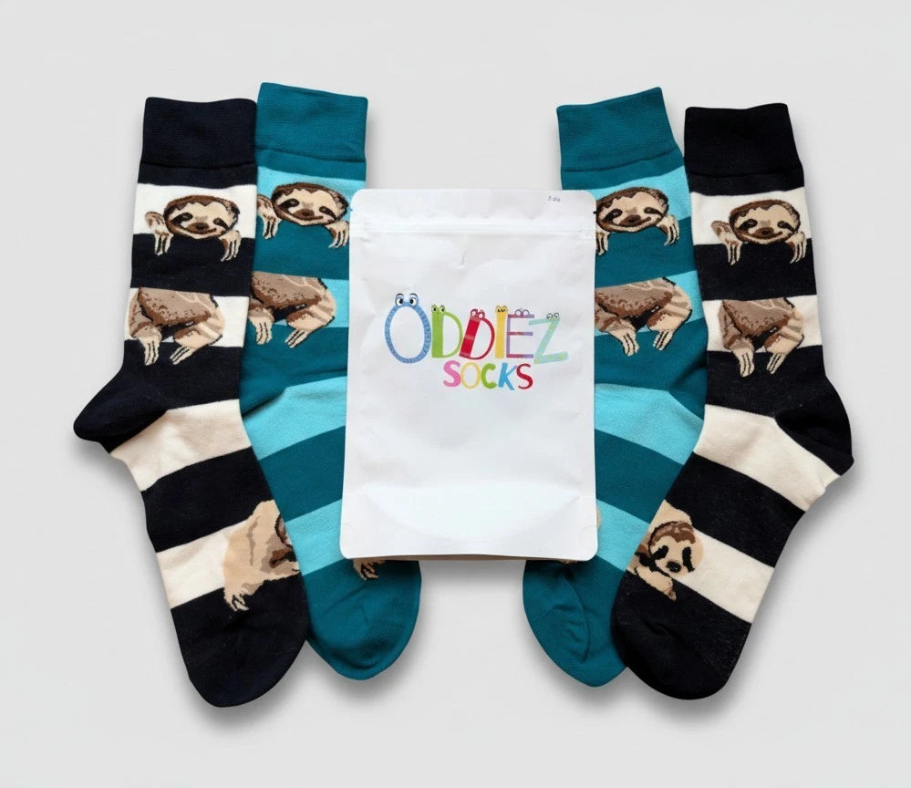 Two Pairs Mens Odd Socks Oddiez "Sloths N Stripez" Mix And Match Blue And  Black