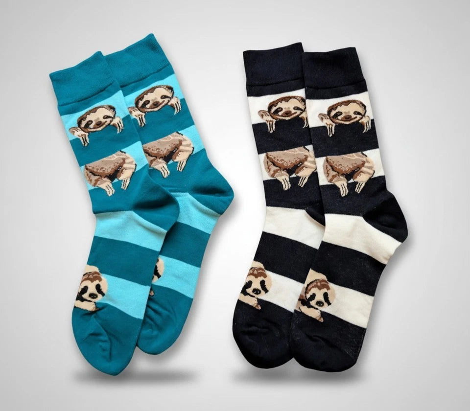 Two Pairs Mens Odd Socks Oddiez "Sloths N Stripez" Mix And Match Blue And  Black