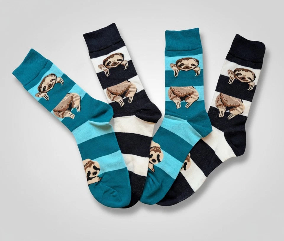 Two Pairs Mens Odd Socks Oddiez "Sloths N Stripez" Mix And Match Blue And  Black